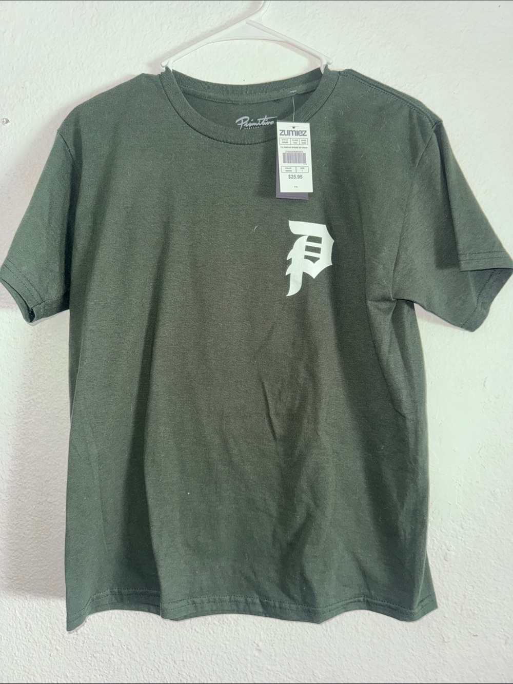 Primitive Olive Green Tee with White 'P' Chest Logo